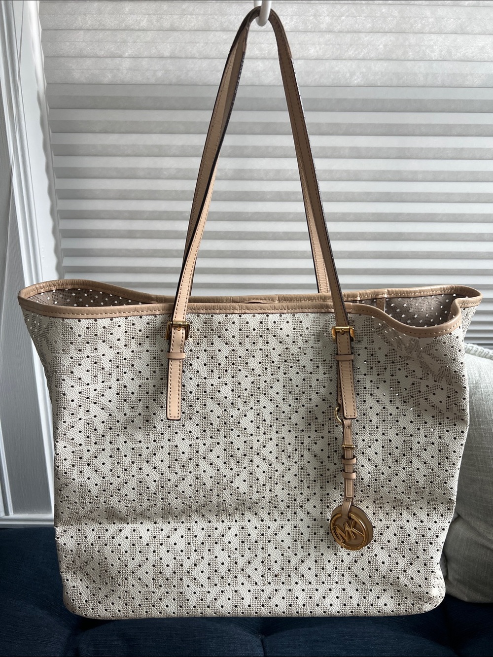 Michael Kors Cream Perforated Tote with Tan Trim